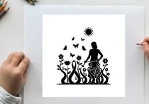 Woman silhouette standing in a garden with butterflies and flowers under the sun silhouette