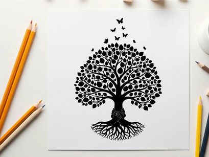 Silhouette of a tree with roots and butterflies flying away