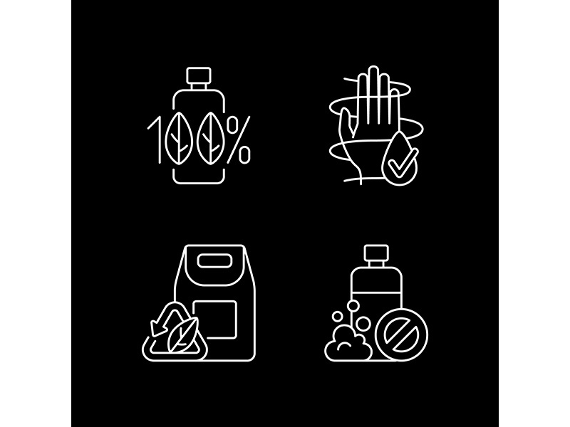 Natural cosmetics white linear icons set for dark theme