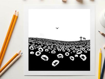 Silhouette of a desolate graveyard with crosses and flowers at dusk