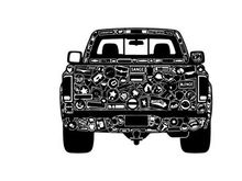 Silhouette of a pickup truck with detailed engine components in black and white