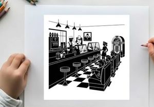 Silhouette of a classic american diner with booths and a long counter