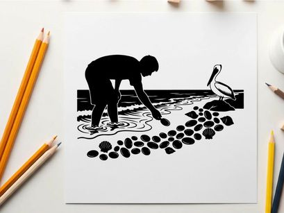 Silhouette of a person collecting seashells on a beach with a pelican