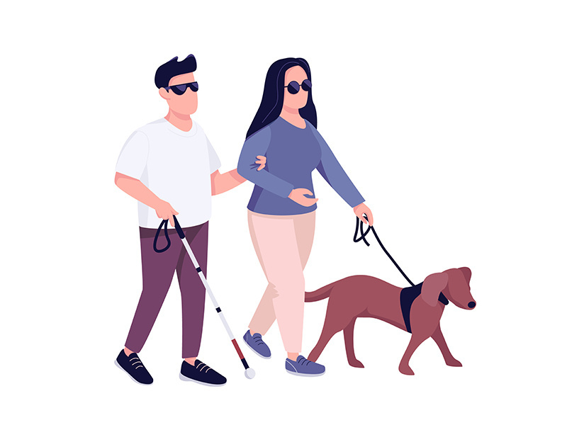 Blind man and woman with guide dog flat color vector faceless character