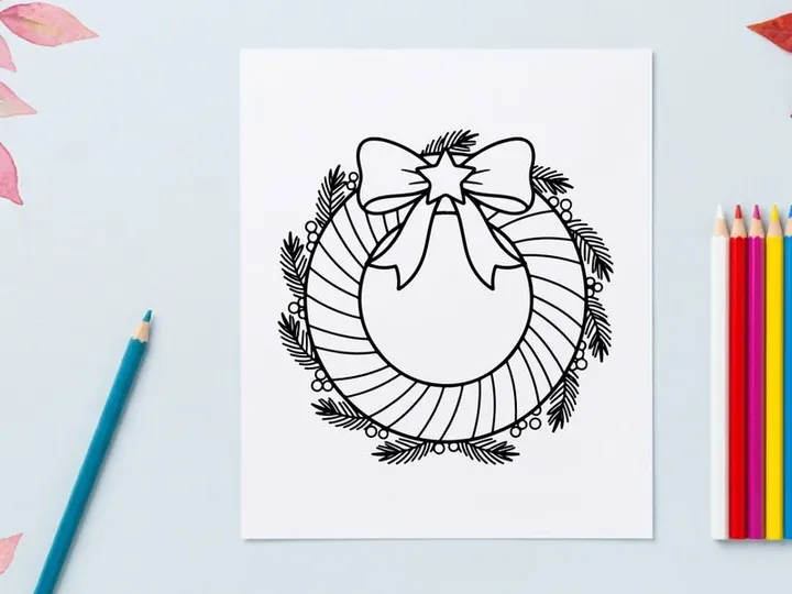 Christmas wreath line art illustration with a decorative bow and star for holiday design.