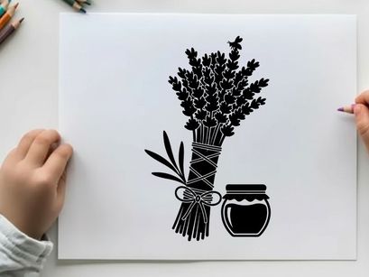 Silhouette of lavender bouquet and honey jar