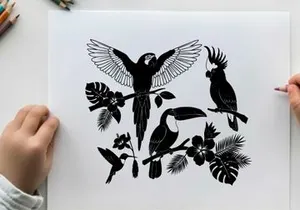 Tropical birds in silhouette amidst lush foliage and flowers