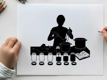 Silhouette of a person cooking with various kitchen utensils and ingredients