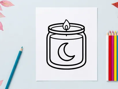 Candlelit jar with crescent moon symbol for Halloween decor. Spooky illuminated night light with mystical ambiance for seasonal celebrations.