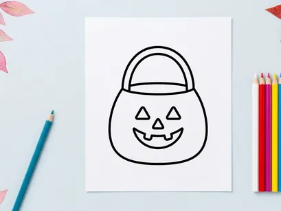 Hand-drawn Halloween pumpkin bag for trick-or-treating. Cute cartoon jack-o-lantern tote with smiling face for candy collection.
