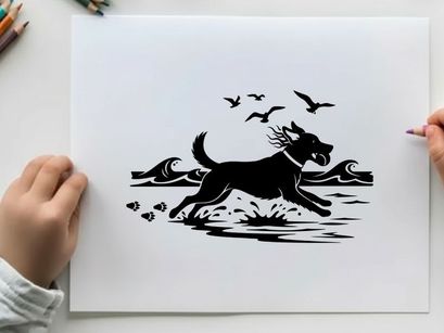 Dog running on beach in silhouette with seagulls flying