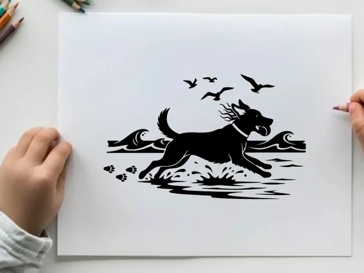 Dog running on beach in silhouette with seagulls flying