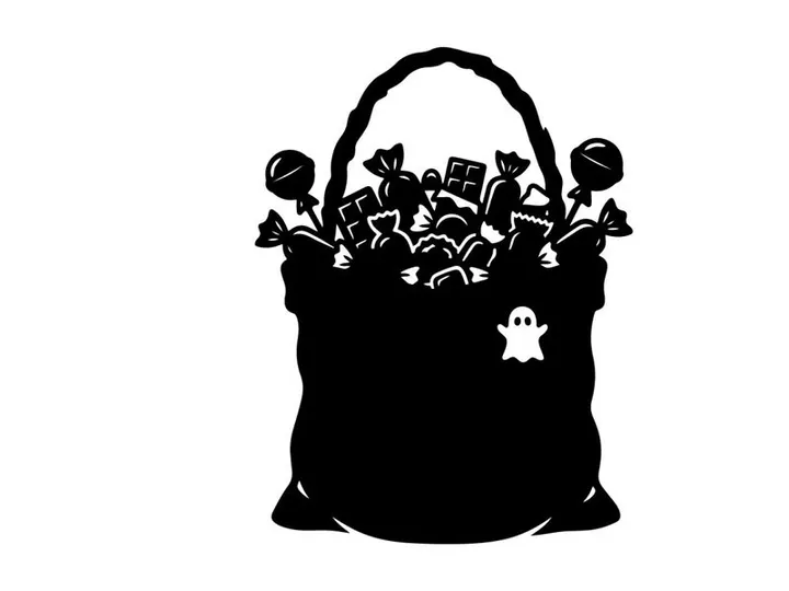 Silhouette of Halloween Basket with Flowers and Ghost