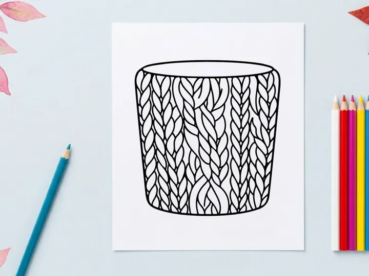 Knitted texture mug sleeve illustration, cozy winter coffee cup cozy line art drawing