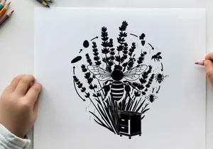 Silhouette of a bee amidst lavender flowers and a book
