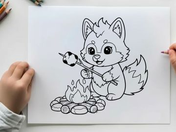 Cute fox roasting marshmallow campfire vector illustration preview picture