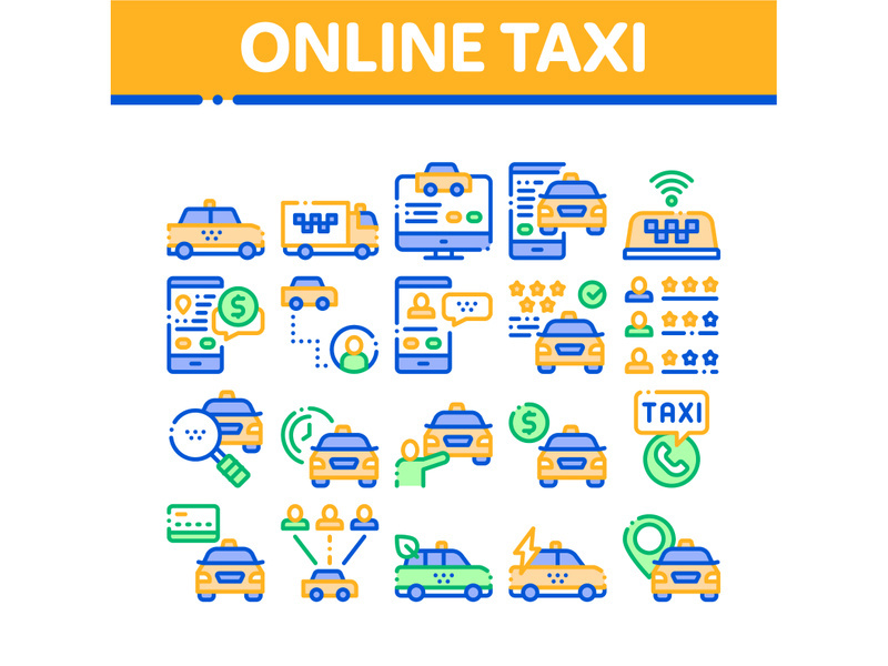 Online Taxi Collection Elements Icons Set Vector