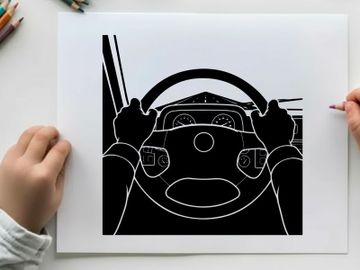 Silhouette of a person driving a car with hands on steering wheel preview picture