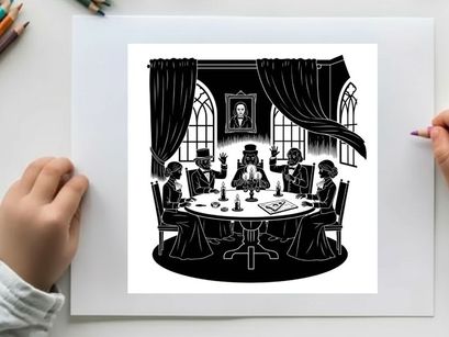 Silhouette of people gathered around a ouija board in a dimly lit room