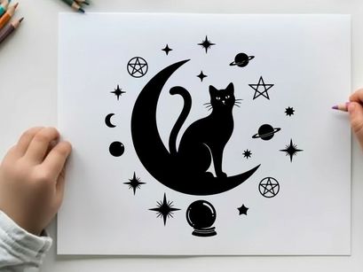 Mystic silhouette cat on crescent moon with celestial bodies