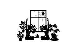 Silhouette of yoga figures and plants by a window