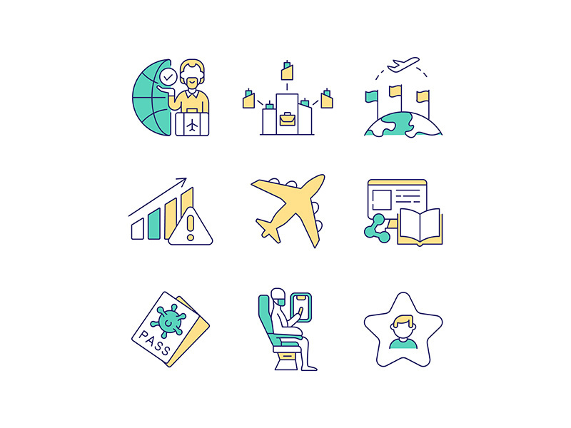 Business travel trends black glyph icons set on white space