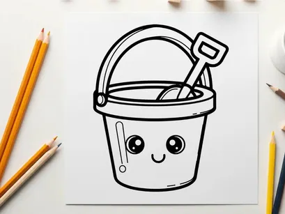 Cute smiling paint bucket with brush vector illustration