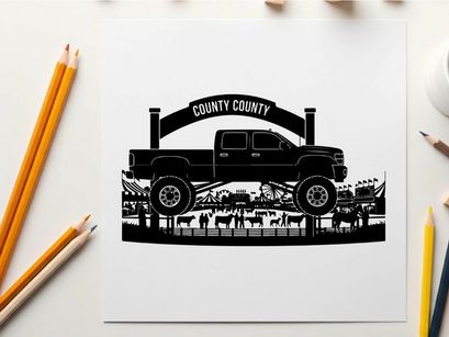Silhouette of a pickup truck at county cattle farm gate