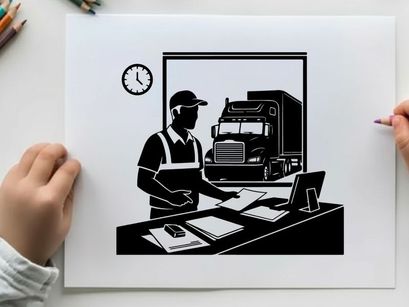 Silhouette of a man in an office with a large truck outside