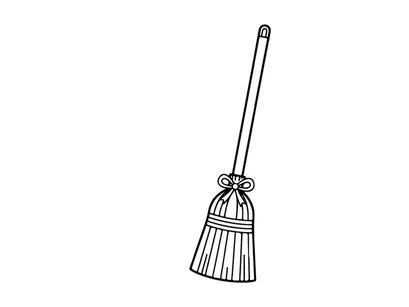 Handgezeichnete Besen-Illustration für Reinigung und Haushaltsarbeiten. Einfache Strichzeichnung eines traditionellen Strohbesens mit Holzstiel.