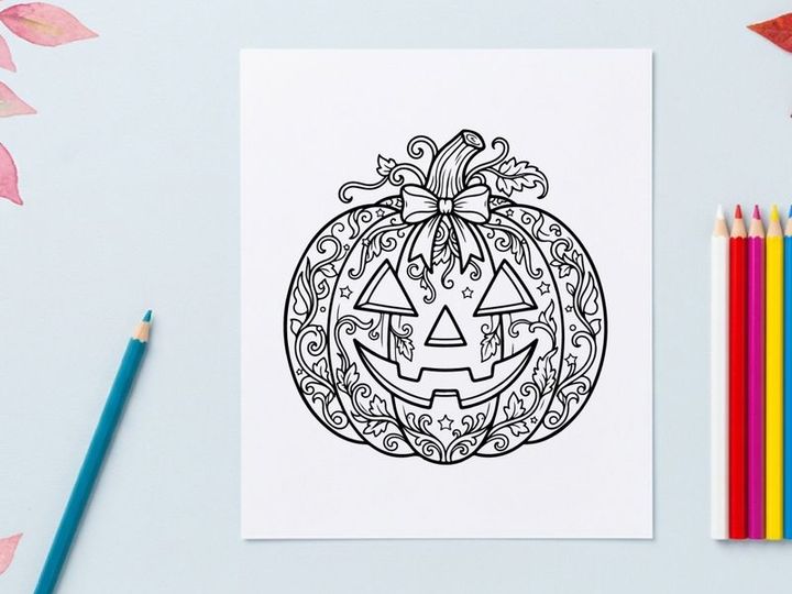 Halloween pumpkin jack-o-lantern face illustration. Classic spooky carved autumn gourd with glowing eyes and toothy grin for festive decor.