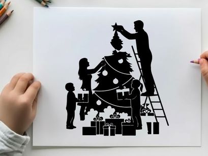 Family decorating christmas tree in silhouette