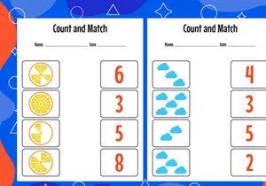 10 Pages Count and match with the correct number. Matching education game. Count how many items and choose the correct number