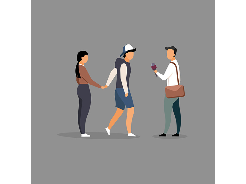 Journalist interviewing young couple on street flat illustration