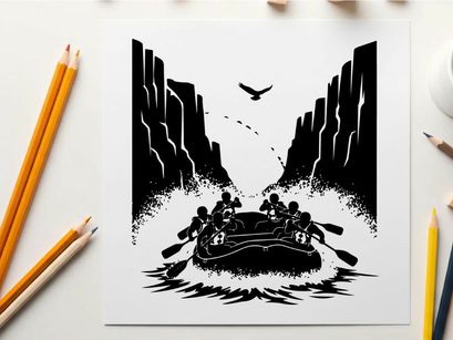 Silhouette of people rafting under a rainbow and flying bird