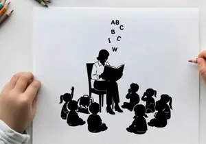 Silhouette of teacher reading to children in a classroom setting