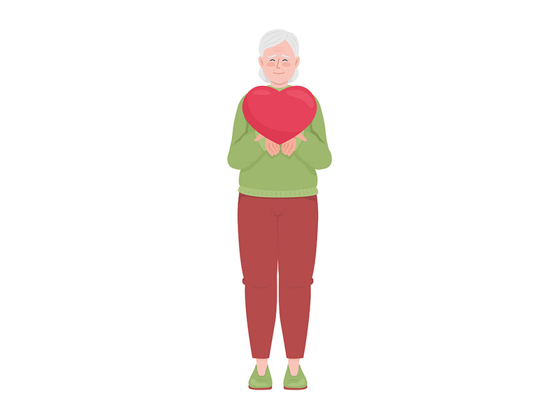 Happy old woman with heart semi flat color vector character