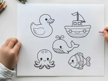Cute sea animals and ship flat design vector illustration preview picture