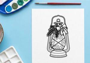 Ilustrasi seni garis lentera Natal dengan cabang-cabang pinus dan pita liburan yang meriah