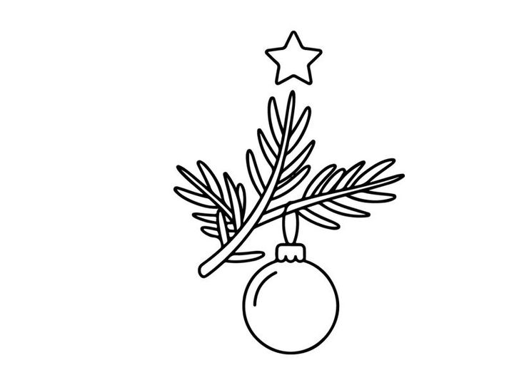Rama de árbol de Navidad con adorno colgante e icono de estrella, ilustración minimalista de línea.
