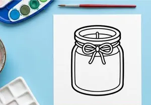 Scented candle in a glass jar icon. Simple line art drawing of a decorative wax candle.