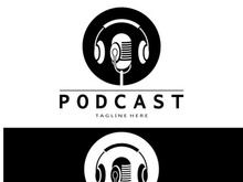 podcast logo with microphone and earphone audio, radio waves. for studio, talk show, chat, information sharing, interview, multimedia and web.