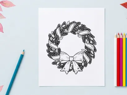 Ilustrasi seni garis karangan bunga Natal dengan pita meriah dan daun holly untuk mewarnai
