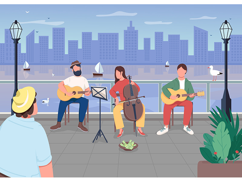 Music band in city flat color vector illustration