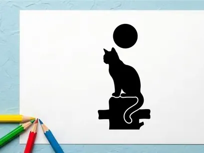 Silhouette of a cat sitting on a ledge with a full moon in the night sky
