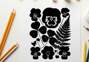 Silhouette of flowers and a lion's head with fern