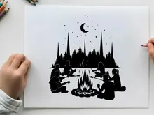 Silhouette of people sitting around campfire under crescent moon and stars at night