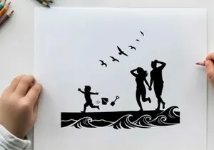 Silhouette of family on beach with waves and birds