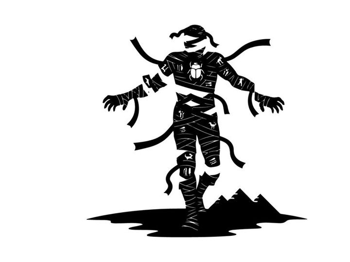 Silhouette of a mystical figure with ribbons and mountains