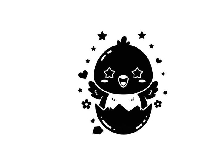 Kawaii silhouette of a chick hatching from an egg with stars and hearts